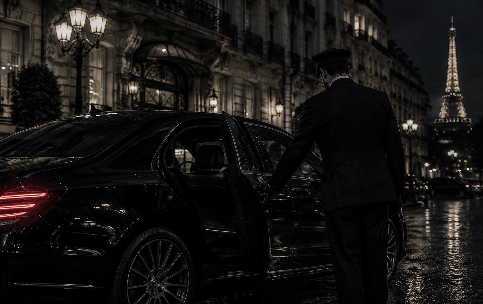Chauffeur ouvrant la portière d'une berline noire à Paris